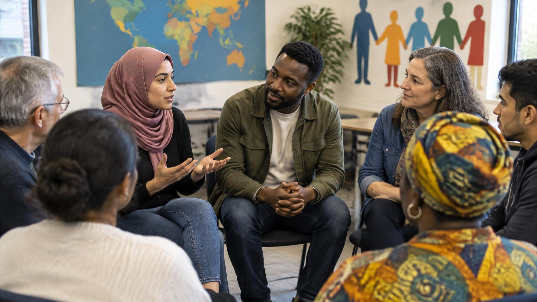 diverse group discussing migration