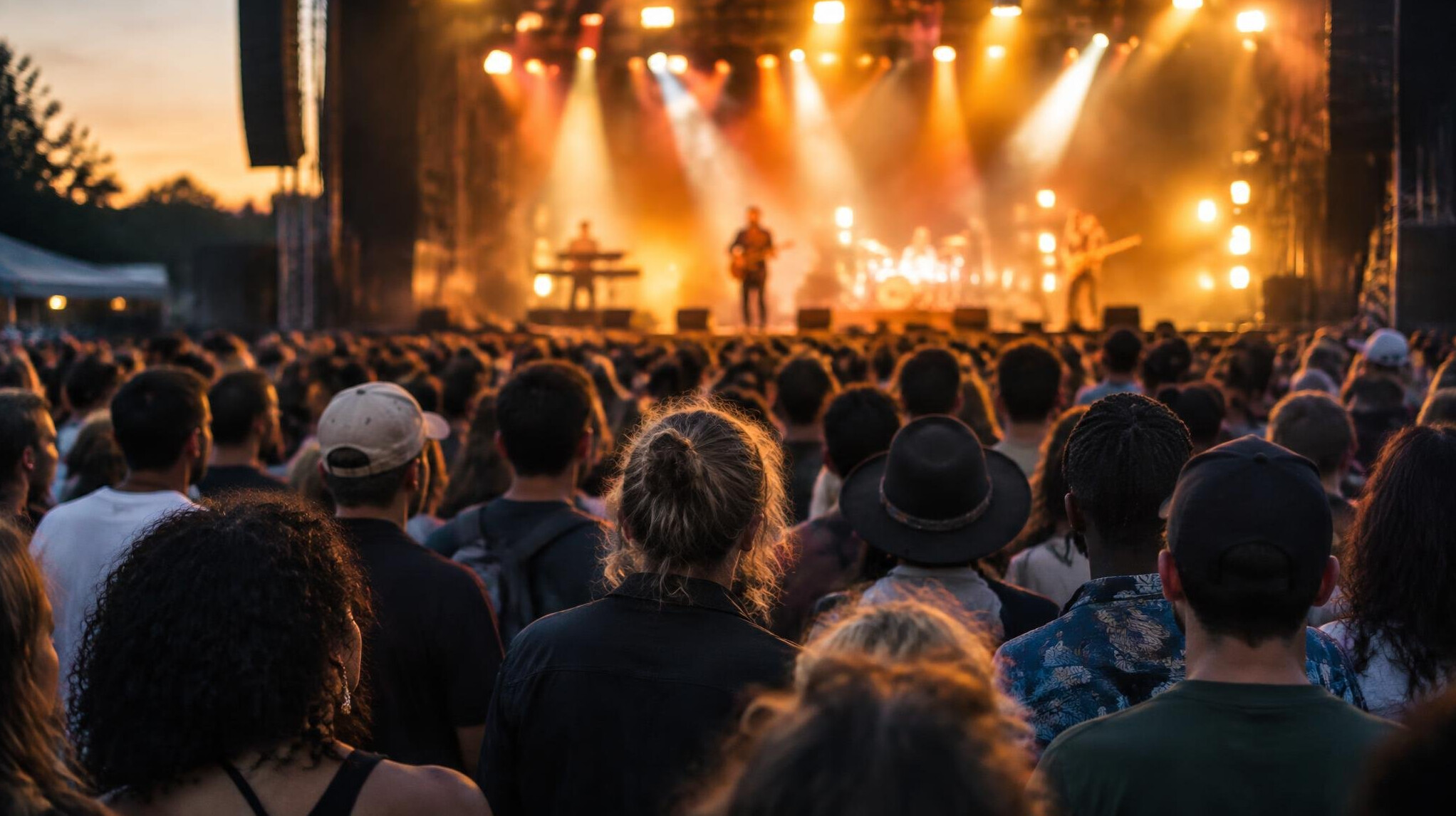 Crowd of spectators watching a live stage performance from a distance