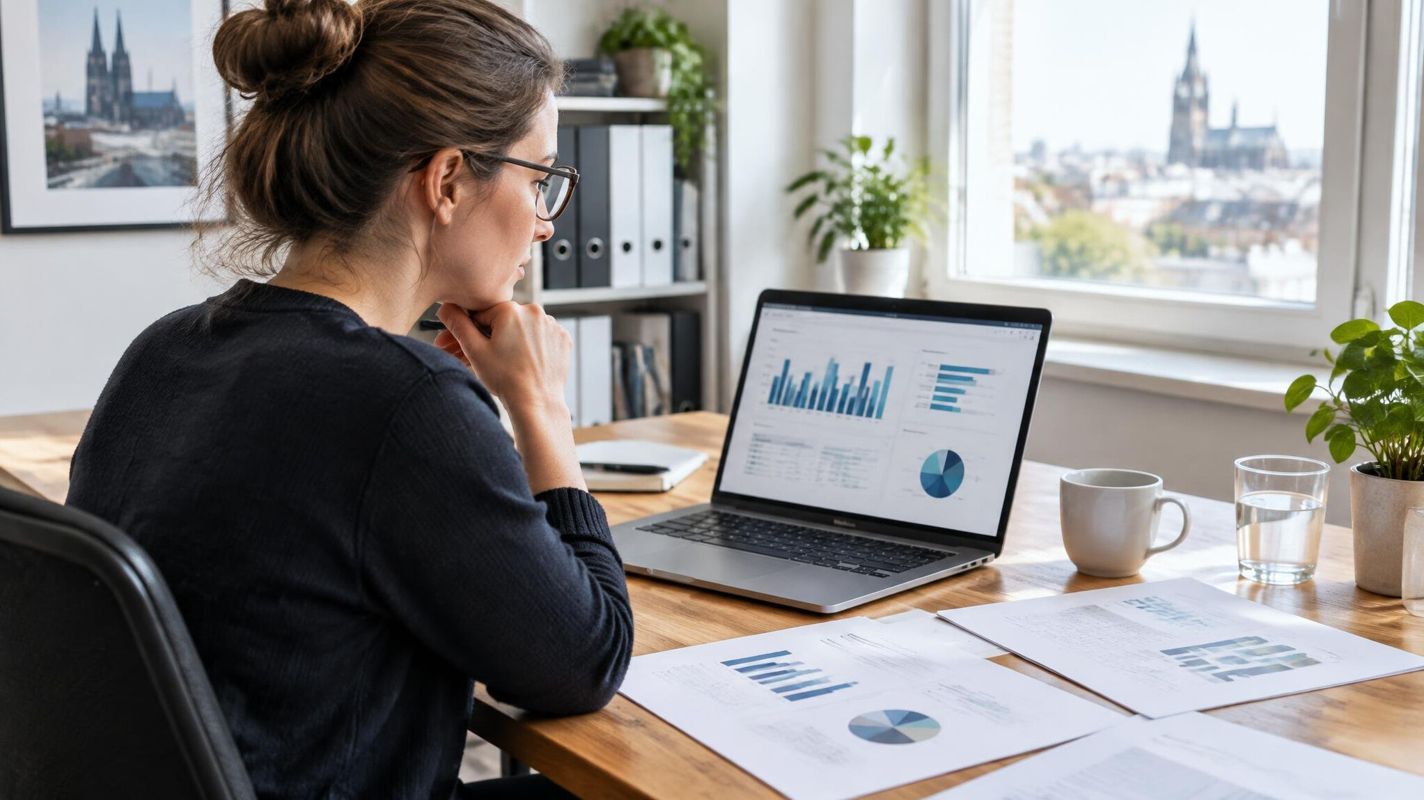 Researcher analyzing survey results on a laptop surrounded by printed charts