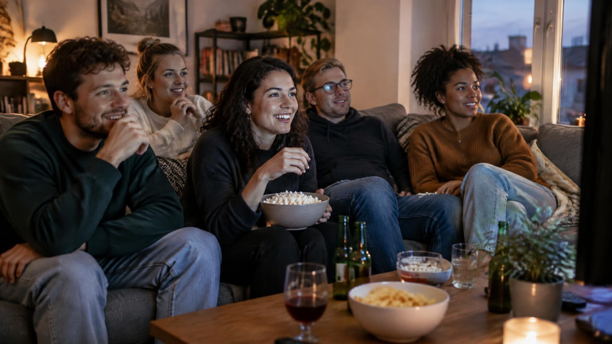 Group of diverse young Germans watching a film together on a sofa at home