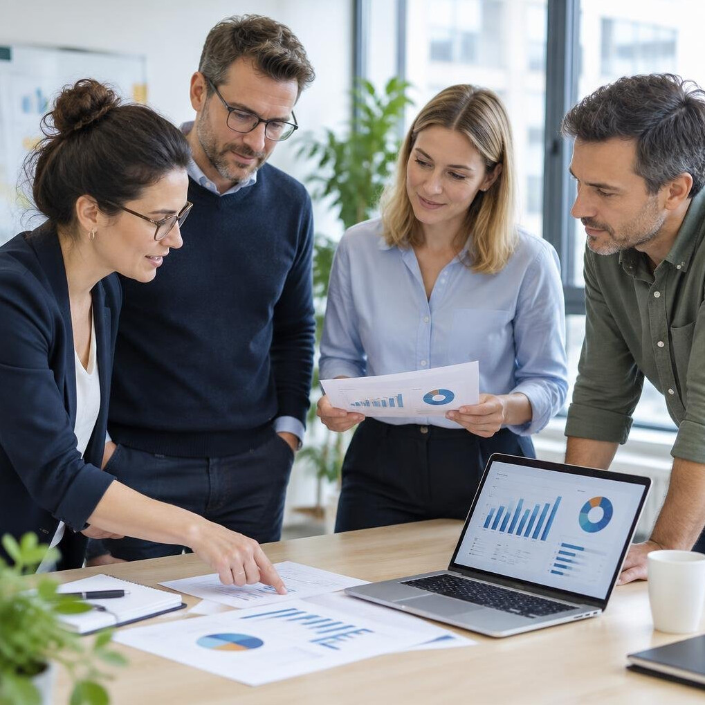 Team of German sociologists and data analysts reviewing printed survey charts in an office
