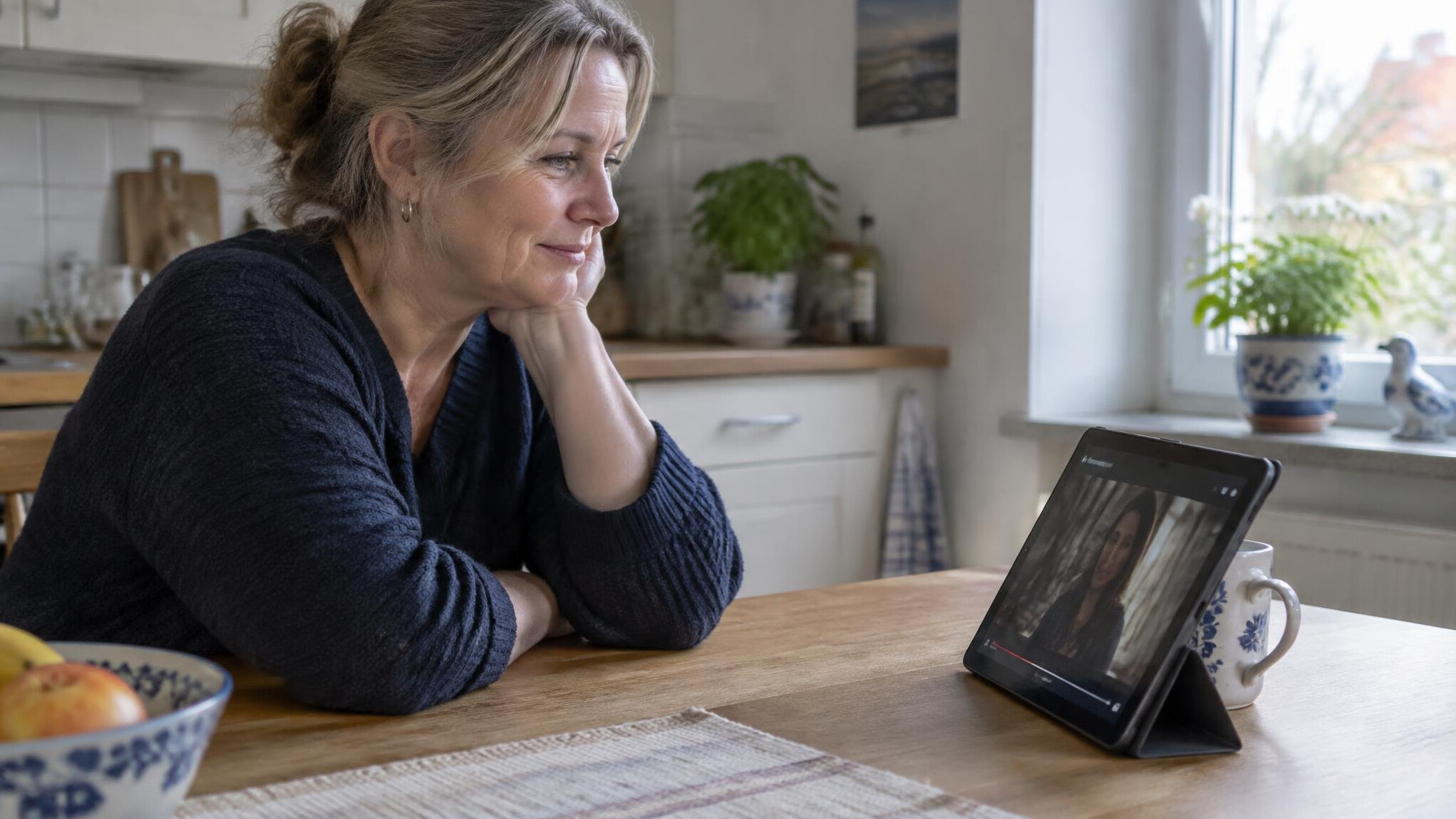 Older German woman watching a streaming service on a tablet in her kitchen